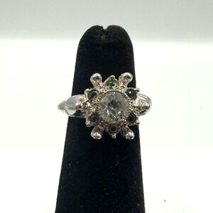 Avon Vintage Silver Tone Blue and Clear Rhinestone Adjustable Cocktail Ring